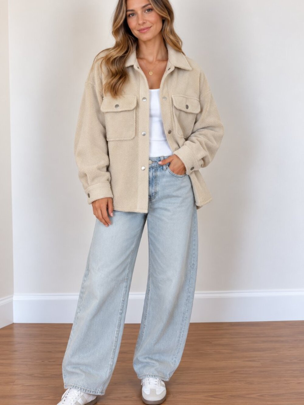 H&M Cream Teddy Shacket with Snap Pockets